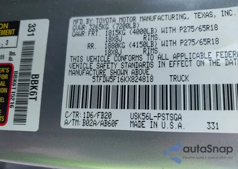2019 Toyota Tundra Sr5 5.7L V8 z USA, uszkodzony, nr VIN 5TFDW5F16KX824818